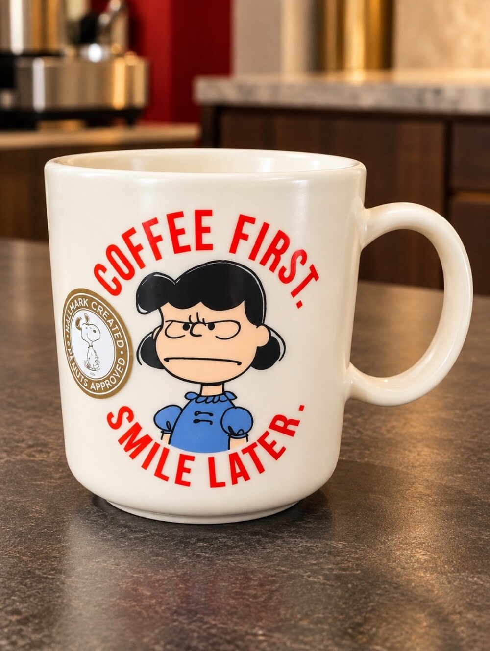 Hallmark Peanuts Lucy Coffee First Smile Later Mug 15.5 Oz NWT